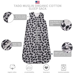 TADO MUSLIN sleep sack 0.5 TOG close-up fabric emphasizes breathable organic cotton for sensitive skin.