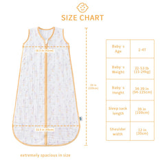 TADO MUSLIN size chart highlights four growing-friendly options