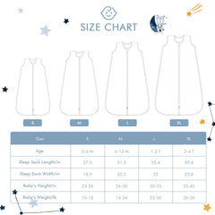 TADO MUSLIN Sleep Sack four-sizes chart supports finding the right fit for growing babies.