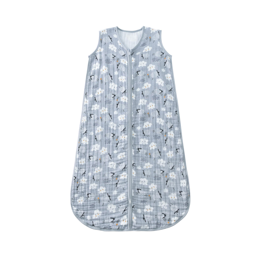 TADO MUSLIN sleep sack front view emphasizes breathable four-layer muslin for cozy year-round warmth.