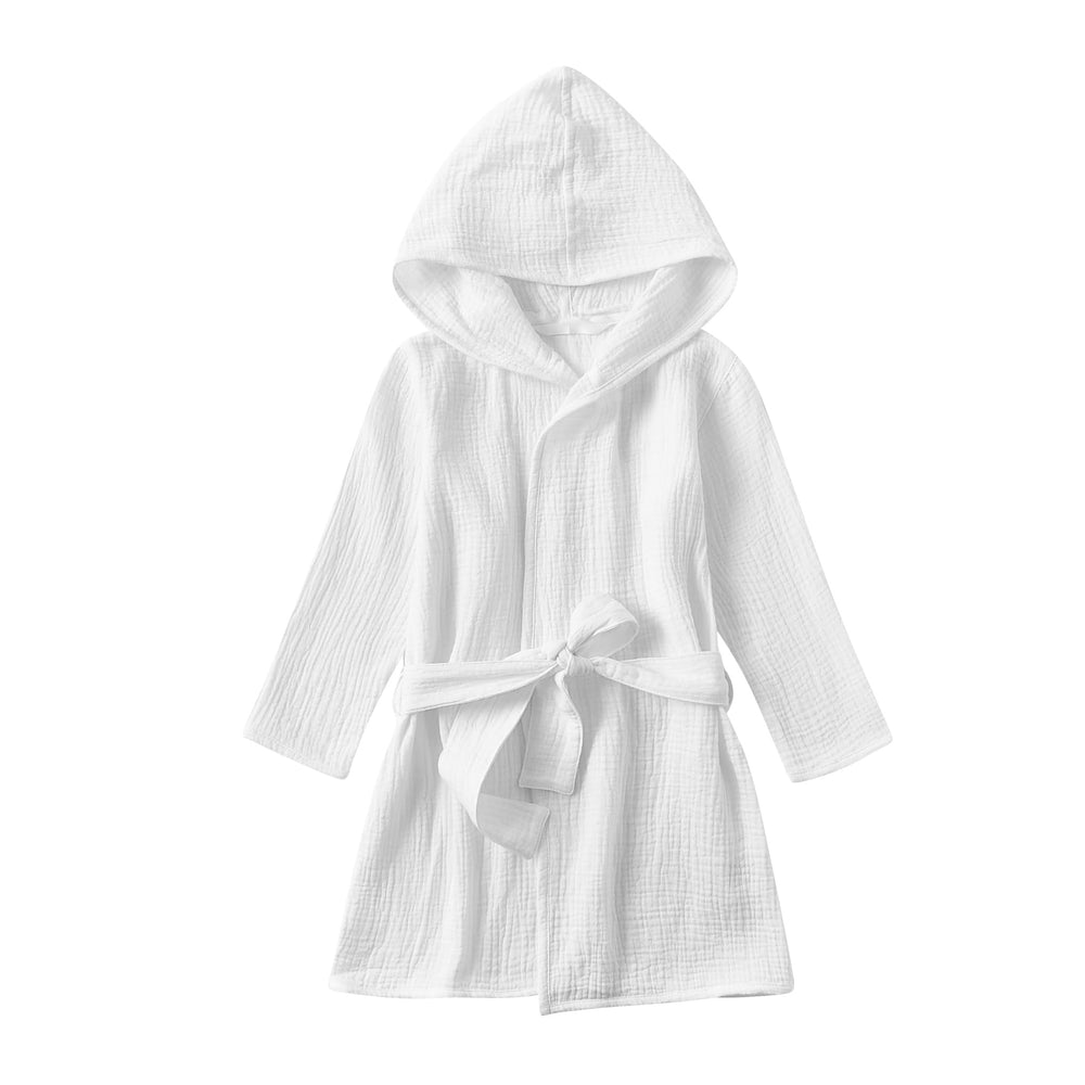 TADO MUSLIN toddler bathrobe front view in white, breathable organic cotton for gentle drying.