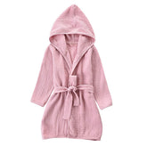 TADO MUSLIN toddler bathrobe pink hood close-up shows plush organic cotton for cozy bath time