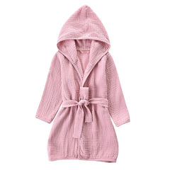 TADO MUSLIN toddler bathrobe pink hood close-up shows plush organic cotton for cozy bath time
