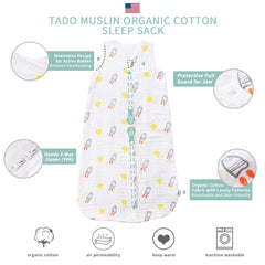 TADO MUSLIN Wearable Blanket side view highlights roomy shoulders for natural kicking