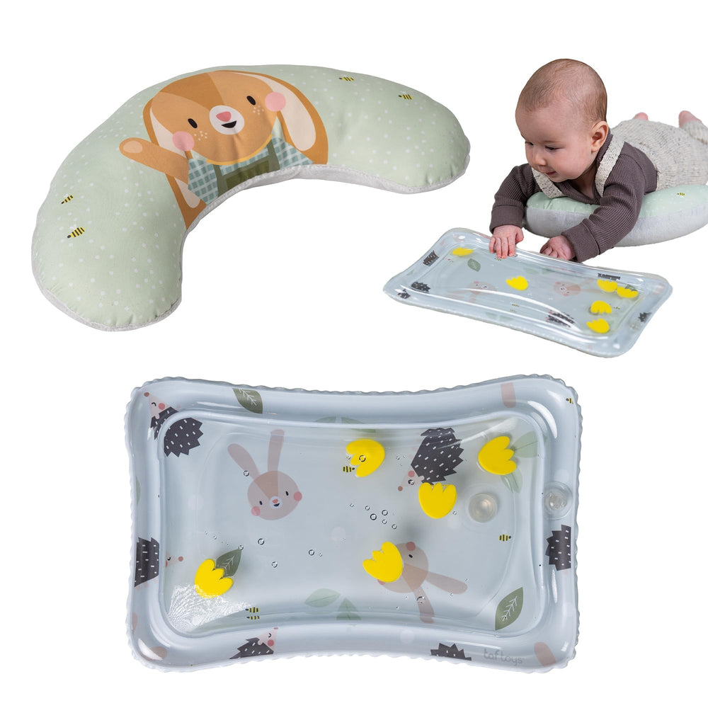 Taf Toys ergonomic tummy time cushion angled view supports chest and arm movement for longer sessions