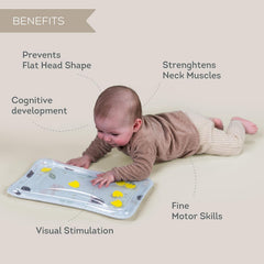 Taf Toys water mat inflatable play area invites easy setup and on-the-go tummy time.