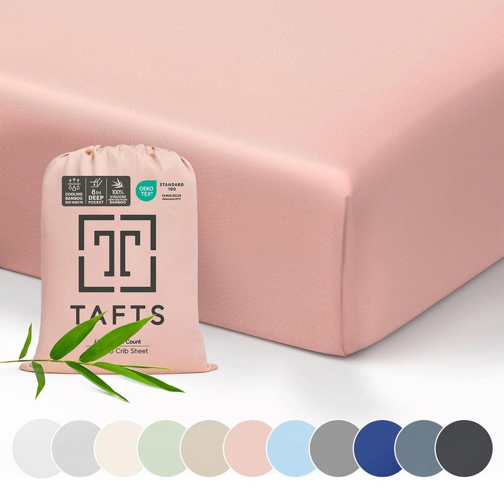 Tafts bamboo viscose crib sheets pink 28x52 offer silky, cooling softness.