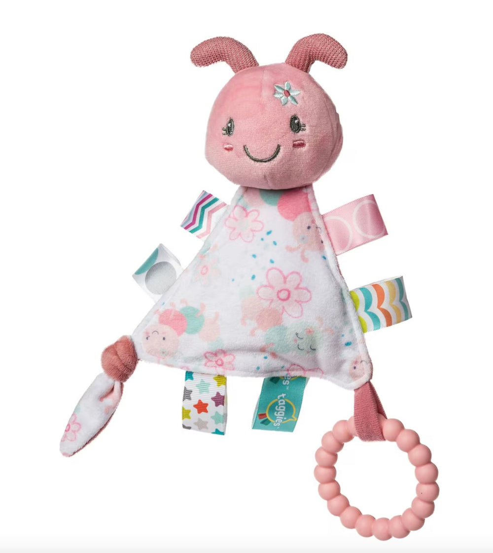 Taggies Camilla Caterpillar triangle toy side view with sensory satin tags for teething