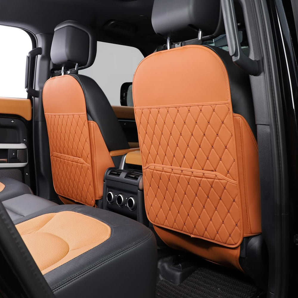 TAIKOO seat back protector front view in brown protects against scuffs and stains.