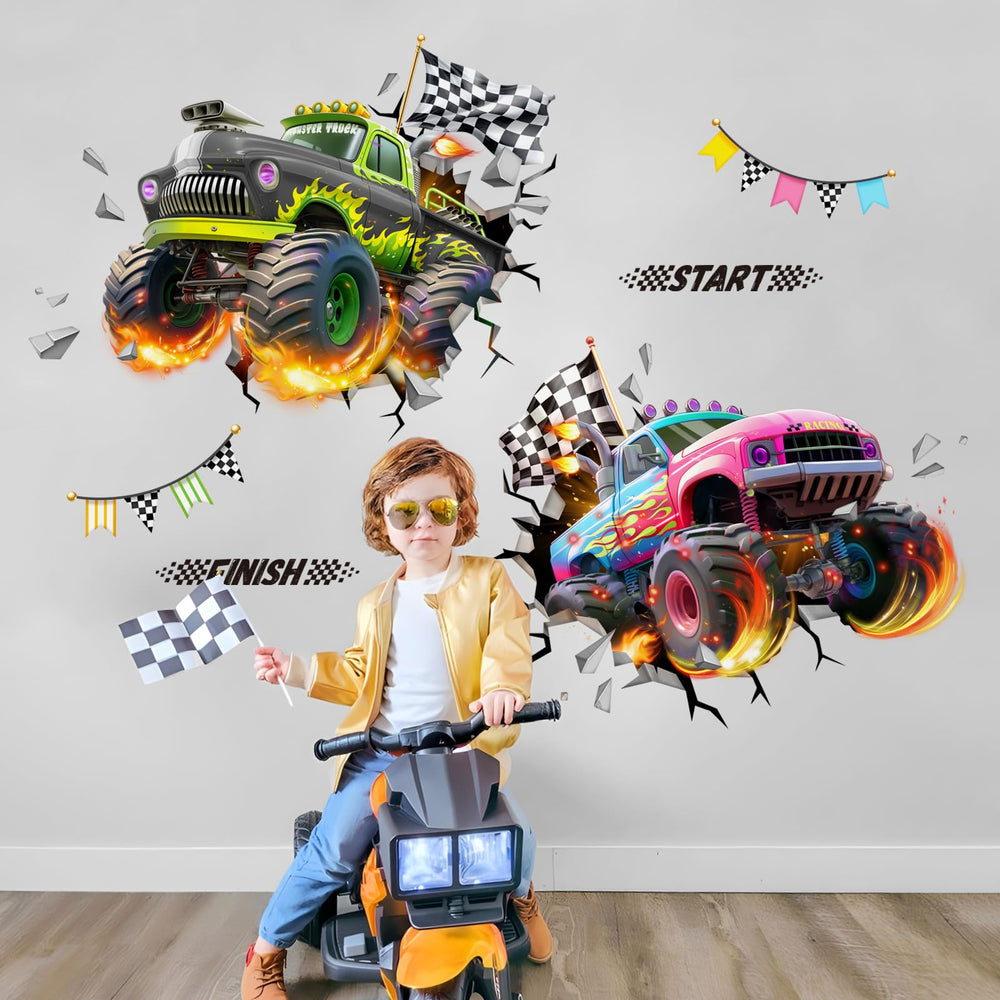 Tanlaby racing car wall decal with 3D effect energizes a child's bedroom.