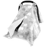 Tanofar car seat cover with grey elephant print offers privacy and protection for baby.