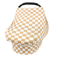 Tanofar car seat cover in light brown checkerboard fabric, breathable and baby-friendly.