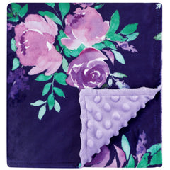 TANOFAR Minky Baby Blanket purple floral front view provides soft, cozy comfort for baby