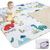 TANOSHII baby play mat folded for compact storage with dinosaur design.