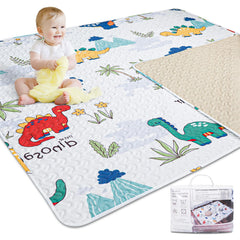 TANOSHII baby play mat folded for compact storage with dinosaur design.