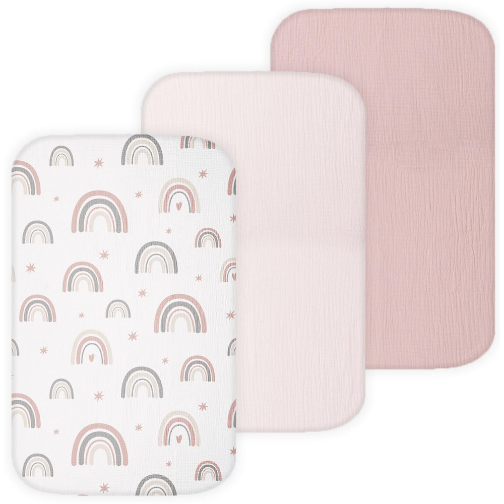 Tansy Panda pink 3pc muslin bassinet sheet set provides cozy, breathable sleep.