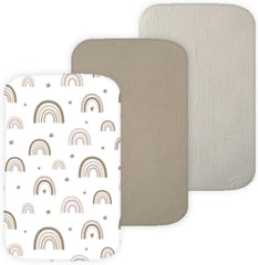 Tansy Panda muslin bassinet sheets with universal 32x19-inch fit for snug, breathable comfort.