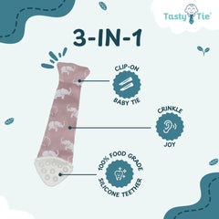 Tasty Tie crinkle insert emits gentle sound for sensory play.