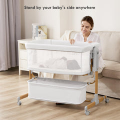 Taylengrow Baby bassinet with lockable wheels for smooth room-to-room mobility.