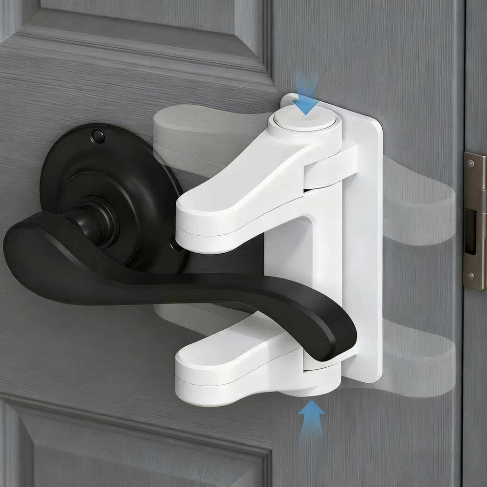Tazyuxd childproof lever lock 2-pack mounted on a door handle to prevent curious access.