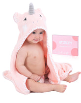 TBEZY baby hooded towel unicorn folded shows plush velour and terry for quick drying.