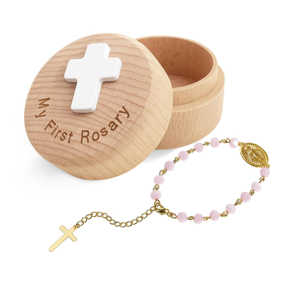 TBTFW My First Rosary in pink wooden box, baptism keepsake