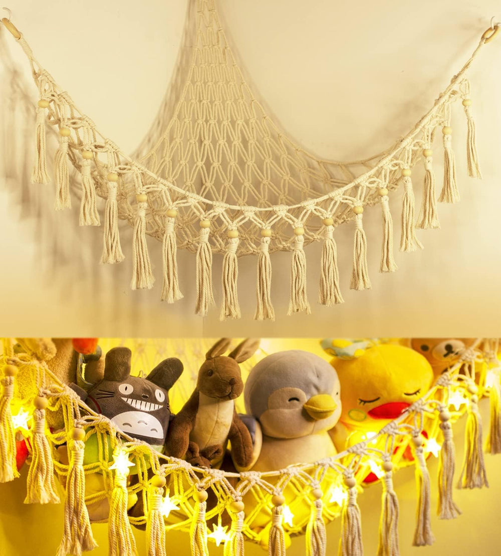 TCGPRO stuffed animal hammock in macrame corner keeps toys organized.