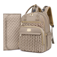 Tealari diaper bag backpack front view in khaki with quick-access pockets for busy parents.