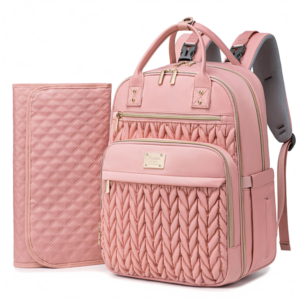 Tealari diaper bag backpack pink front view shows stylish organization for daily outings.