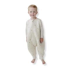 Tealbee Dreamsuit with feet in moons and stars keeps toddlers warm and secure.