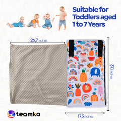 Teamko toddler seat extender on plane turning a seat into a cozy bed.