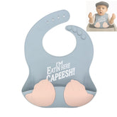 Teasin' Teethers Capeesh Blue bib front view with spill-catching pocket for mess-free meals.