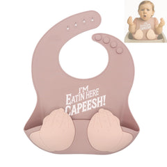 Teasin' Teethers Capeesh Pink bib with pocket catching spills during meals