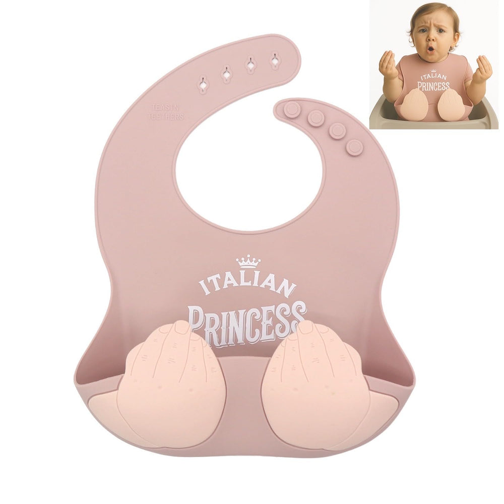 Teasin' Teethers Italian bib with pocket catches spills for mess-free mealtime.