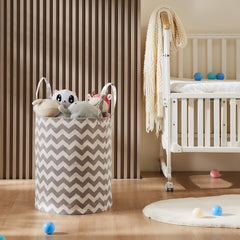 TECHMILLY grey chevron basket stores diapers and wipes with convenient handles.