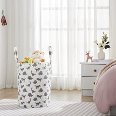TECHMILLY large storage basket grey dinosaur side view highlighting long handles for easy carrying