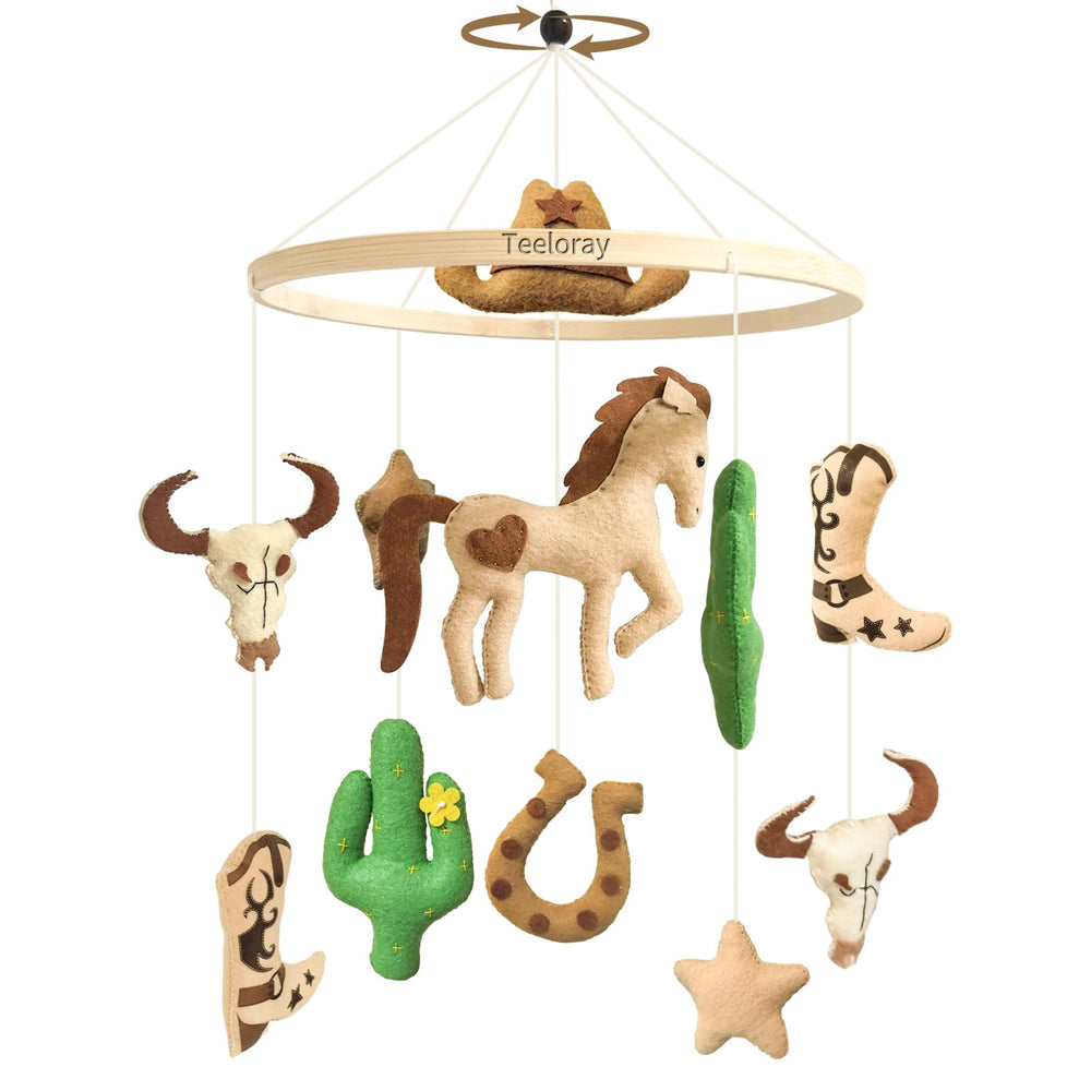 Teeloray baby mobile western hats horses: high-contrast shapes aid early visual tracking for newborns.