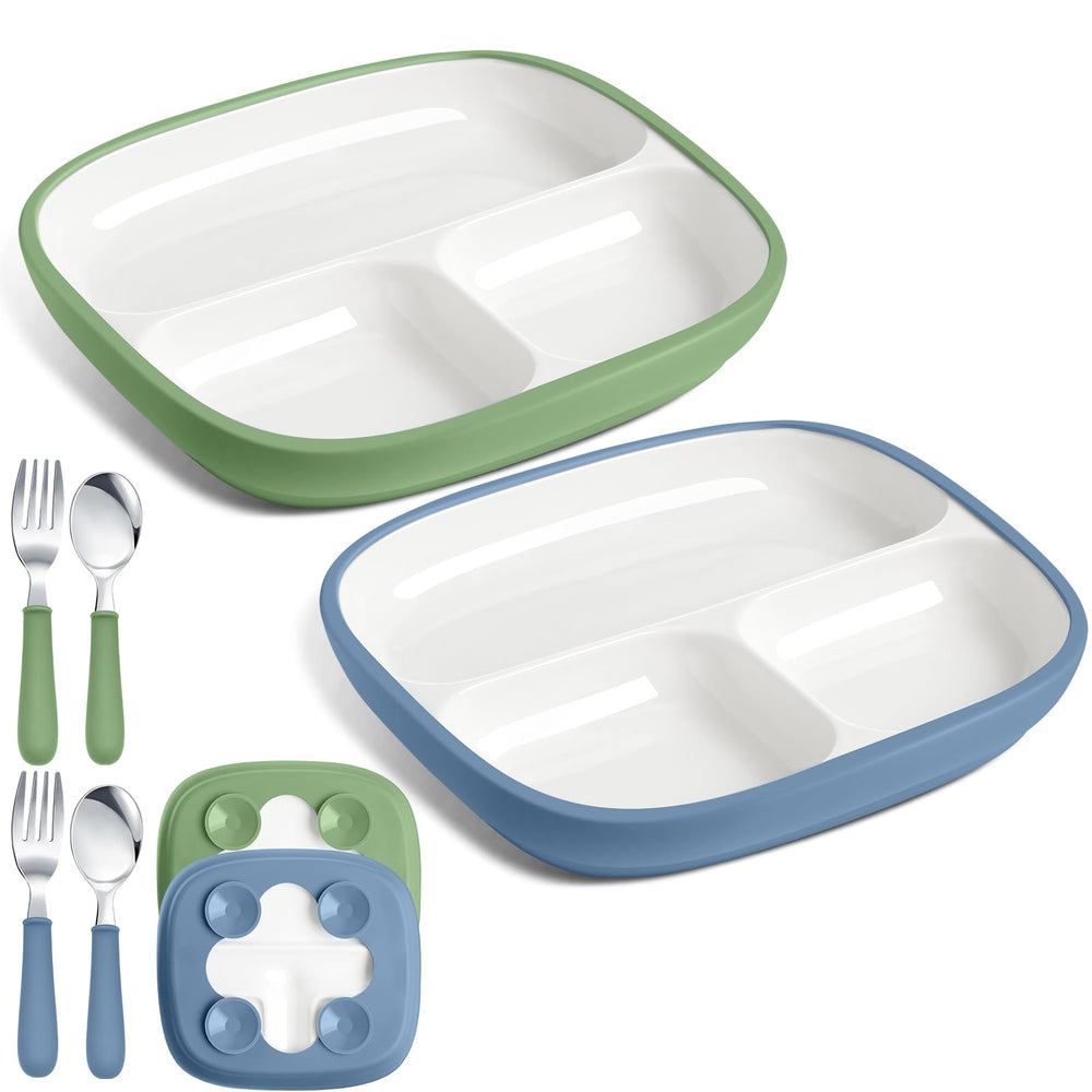 Teenyyou porcelain toddler plate with blue accent, deep well for generous servings.
