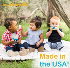 Teetherpop freeze-and-thaw teether blue-lime highlights cooling relief for gums.