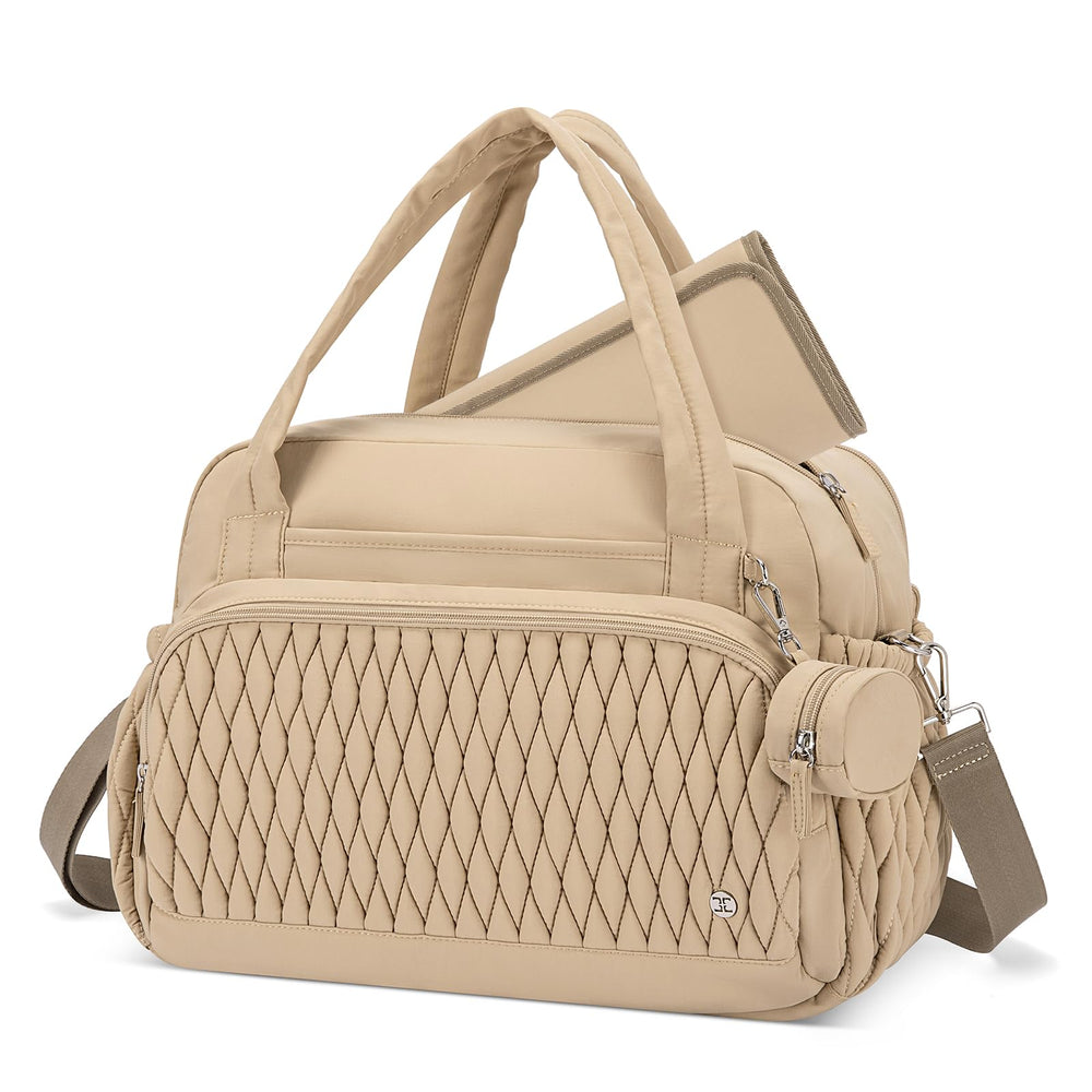 Telena tote diaper bag with soft-puffer nylon offers durable everyday use.