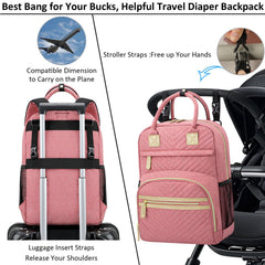 Tenot pink diaper bag shows 10 pockets for organized storage on the go.