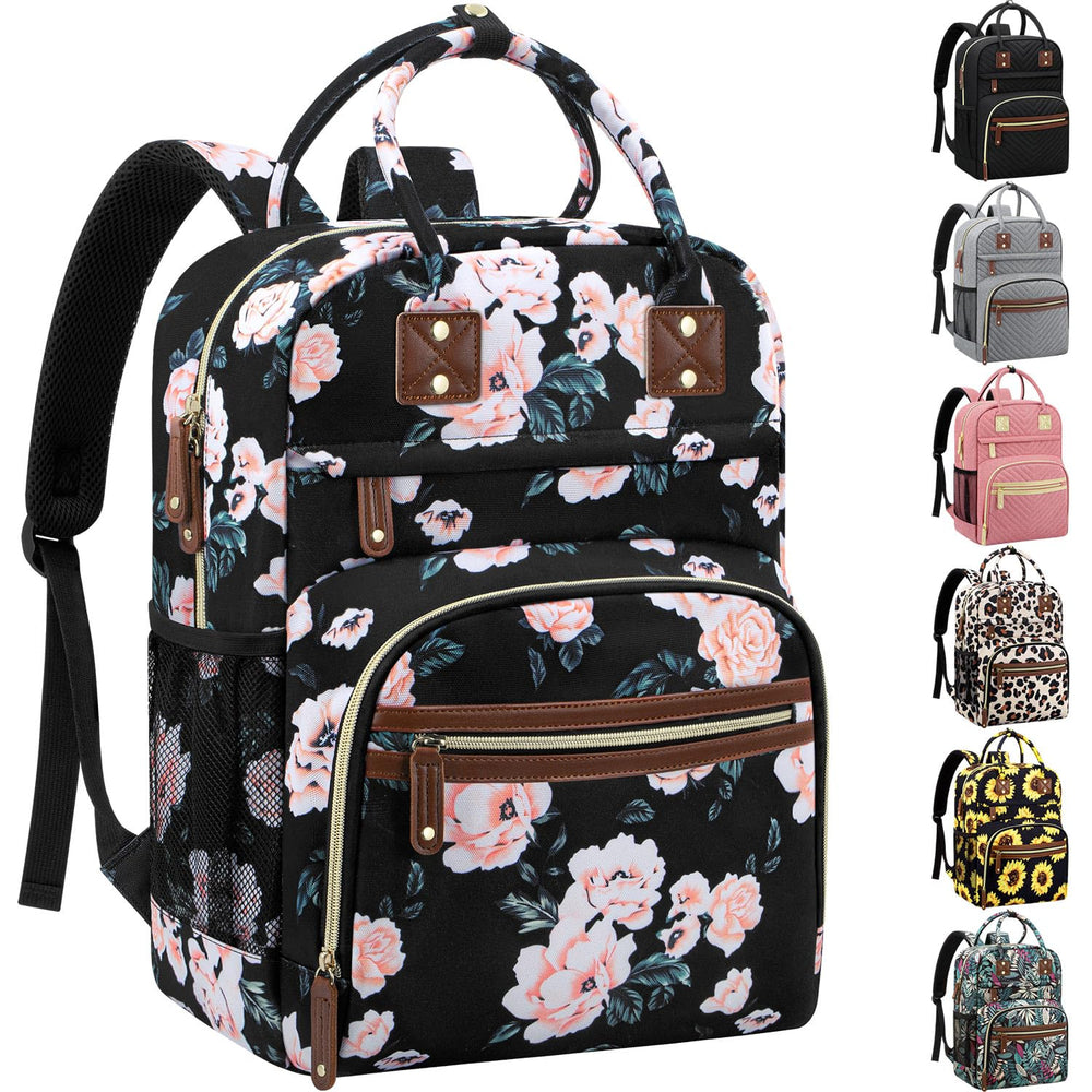Tenot diaper bag backpack full setup showing spacious main compartment and floral pattern.