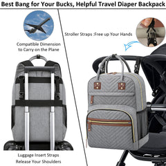 Tenot diaper bag with detachable stroller straps enables hands-free strolling.