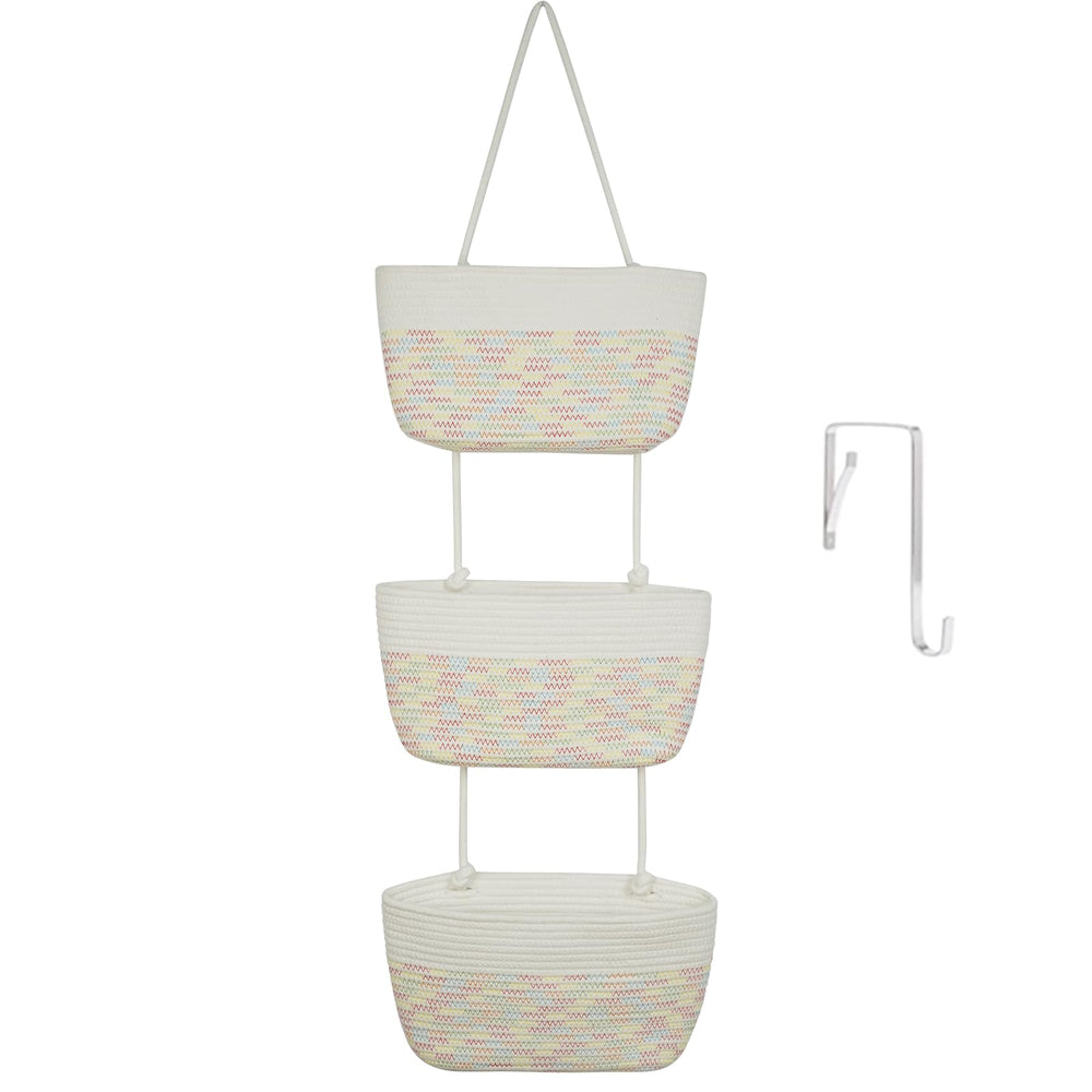 TeoKJ 3-tier woven cotton wall baskets over-door setup for clutter-free entryway storage.