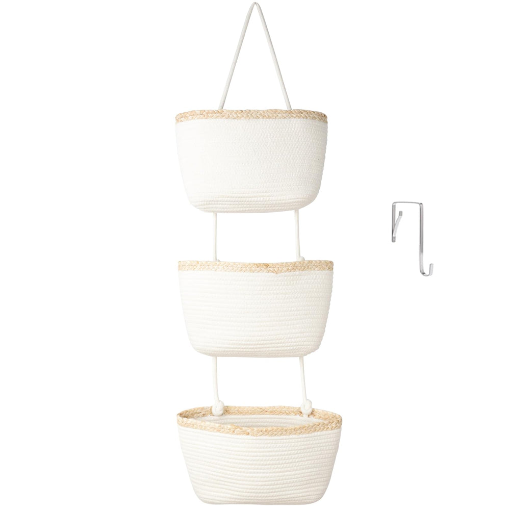 TeoKJ over-the-door 3-tier basket shows woven cotton weave for organized hallway storage.