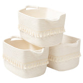 TeoKJ white cotton rope basket set of 3 on shelf for organized living room.