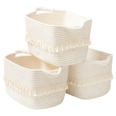 TeoKJ white cotton rope basket set of 3 on shelf for organized living room.