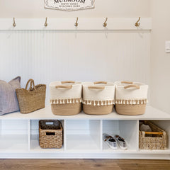 TeoKJ woven storage bin with sturdy handles easy to move between rooms.