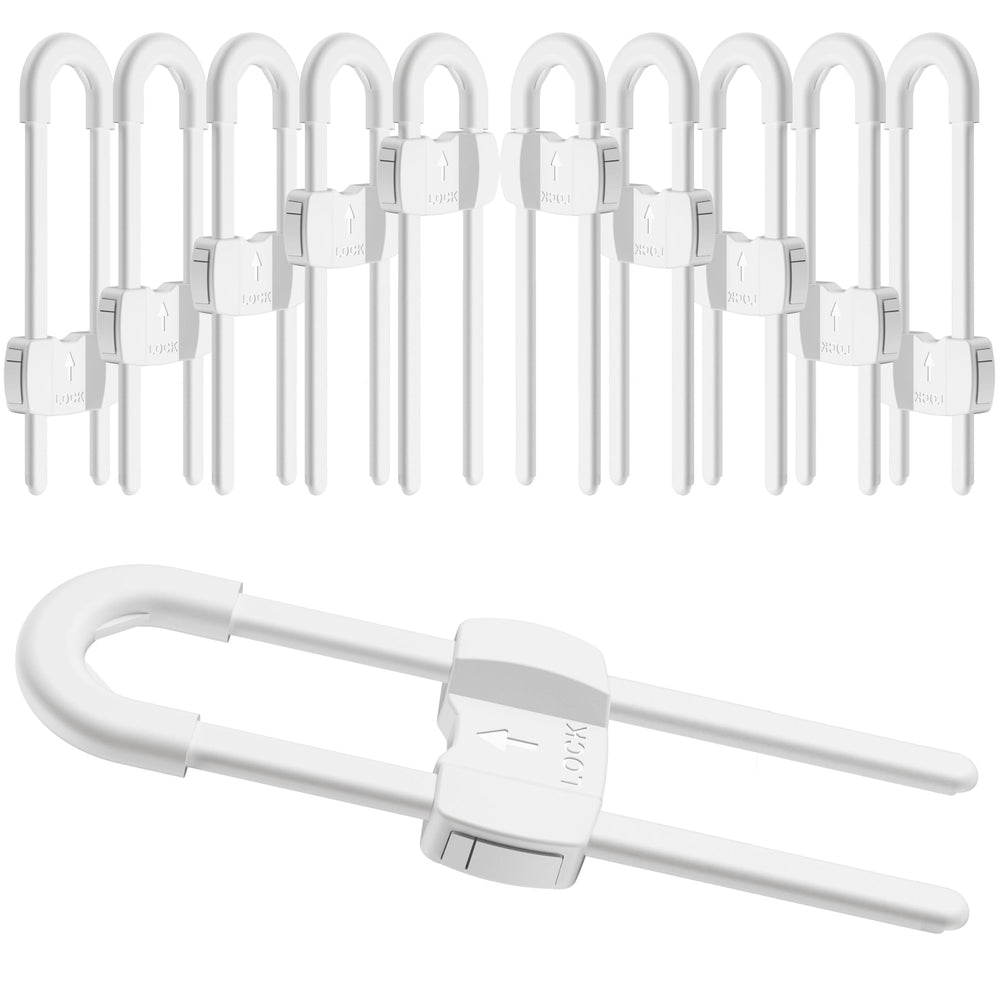 TERDEWE 10-pack white sliding cabinet locks front view showing compact design and accessibility