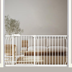 Thasamm extra-wide baby gate with walk-through design for easy doorway passage while carrying a child.